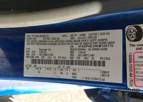 2019 Ford Fiesta Se из США, поврежденный, VIN 3FADP4EJ9KM165170